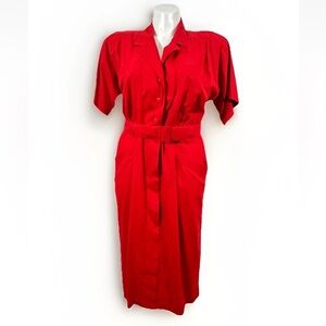 Vintage Raoul Sz 16 Red Belted Half Button Midi Dress 100% Silk (silk Noil)